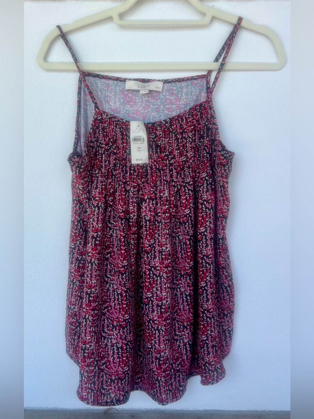 LOFT Red and Black Floral Smocked Spaghetti-Strap Tank
